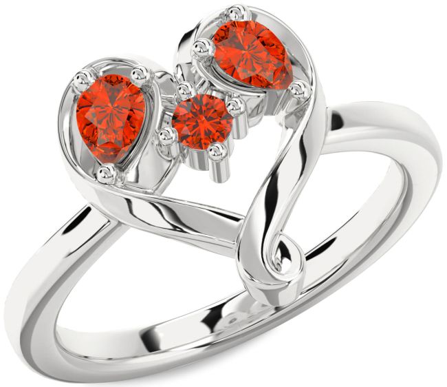Fire Opal Silver Heart Three Stone Ring