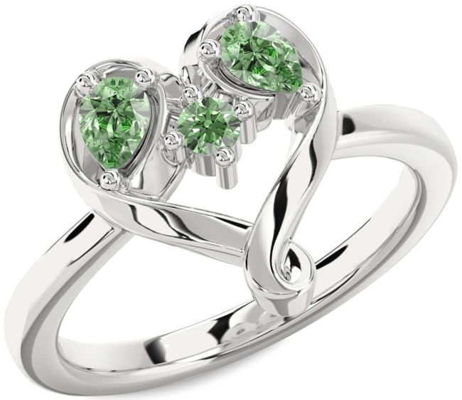 Green Diamond Silver Heart Three Stone Ring