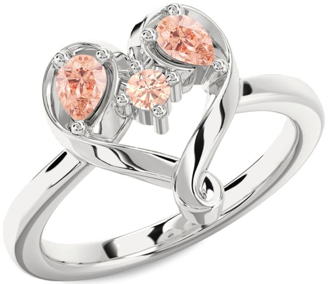 Morganite Silver Heart Three Stone Ring