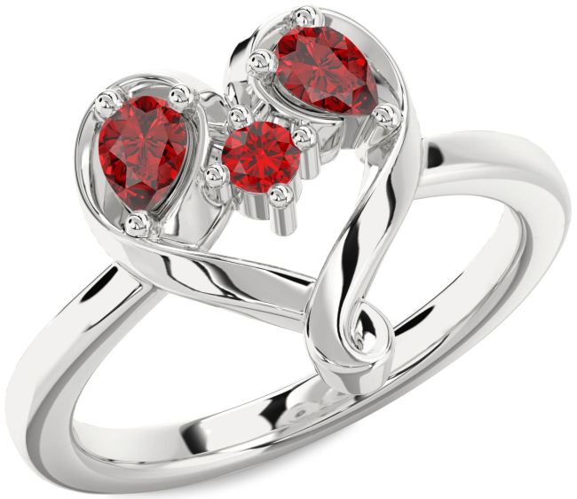 Ruby Silver Heart Three Stone Birthstone Ring