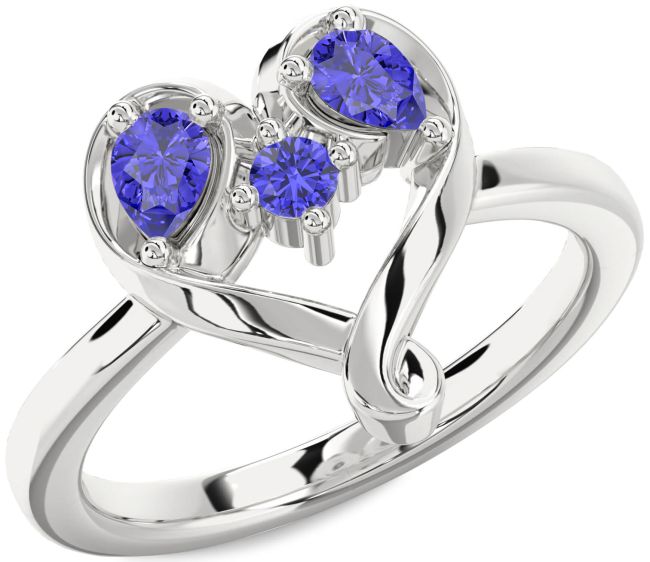 Tanzanite Silver Heart Three Stone Ring
