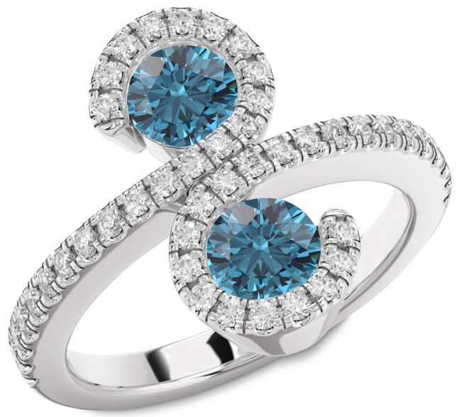 Blue Diamond Silver Infinity Round Two Stone Pave Ring