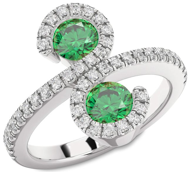 Diamond Emerald Silver Infinity Round Two Stone Pave Birthstone Ring