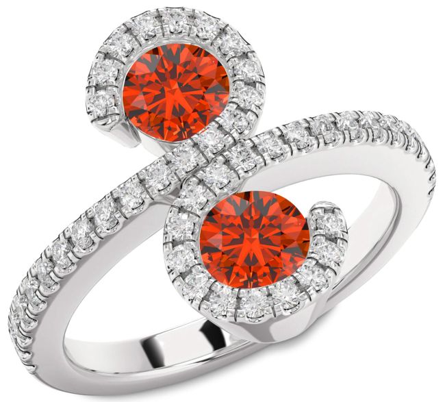 Diamond Fire Opal Silver Infinity Round Two Stone Pave Ring