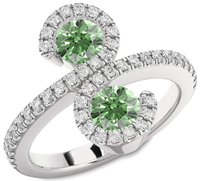 Green Diamond Silver Infinity Round Two Stone Pave Ring
