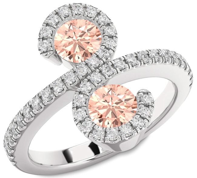 Diamond Morganite Silver Infinity Round Two Stone Pave Ring