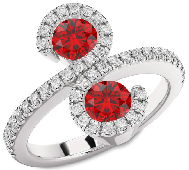 Diamond Ruby Silver Infinity Round Two Stone Pave Birthstone Ring