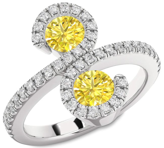 Yellow Diamond Silver Infinity Round Two Stone Pave Ring