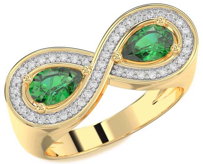 Diamond Emerald Gold Infinity Pear Two Stone Birthstone Ring