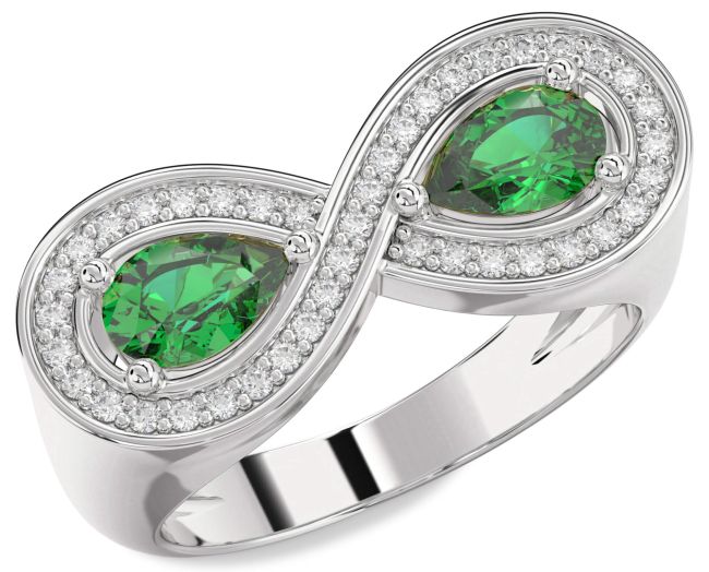 Diamond Emerald Silver Infinity Pear Two Stone Birthstone Ring