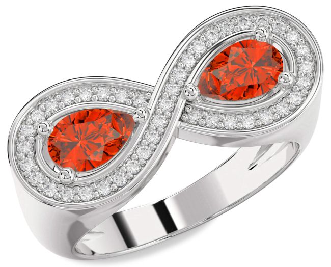 Diamond Fire Opal Silver Infinity Pear Two Stone Ring