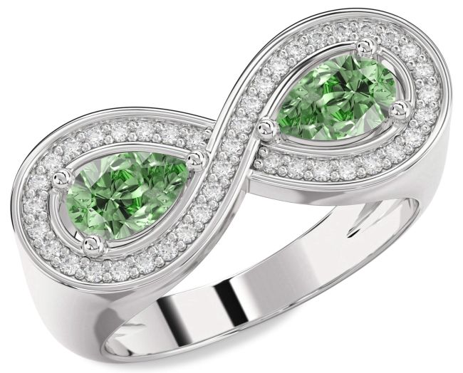 Green Diamond Silver Infinity Pear Two Stone Ring