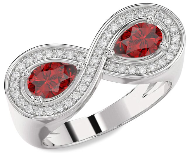 Diamond Ruby Silver Infinity Pear Two Stone Birthstone Ring