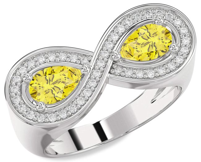 Yellow Diamond Silver Infinity Pear Two Stone Ring