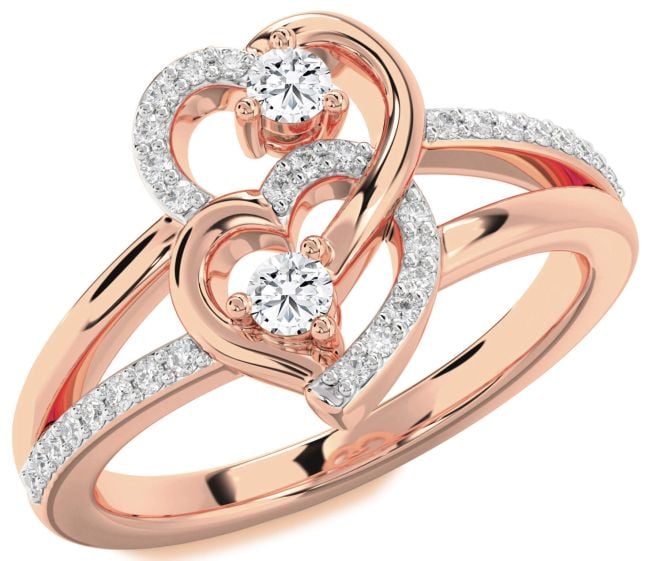Diamond Rose Gold Silver Heart Two Stone Ring