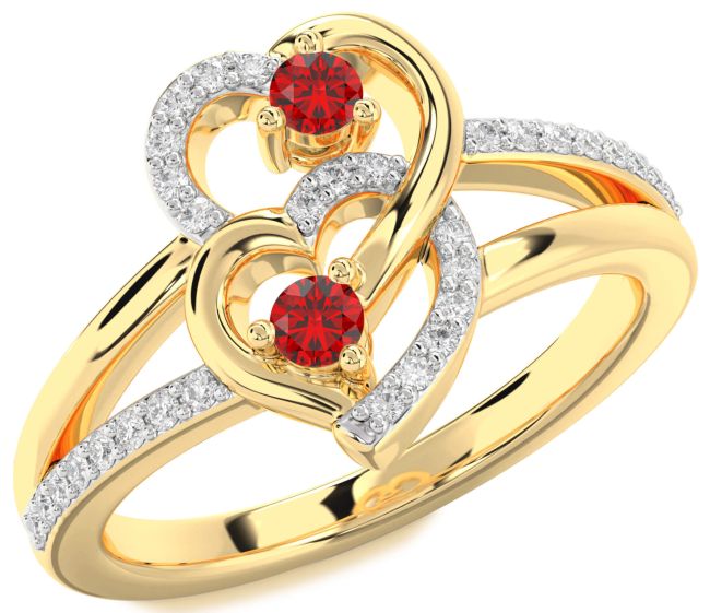 Diamond Ruby Gold Heart Two Stone Birthstone Ring
