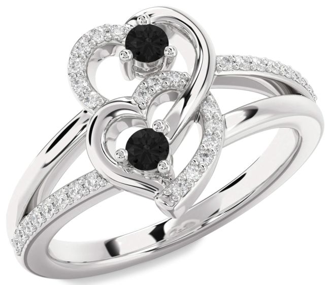 Black Diamond Silver Heart Two Stone Ring