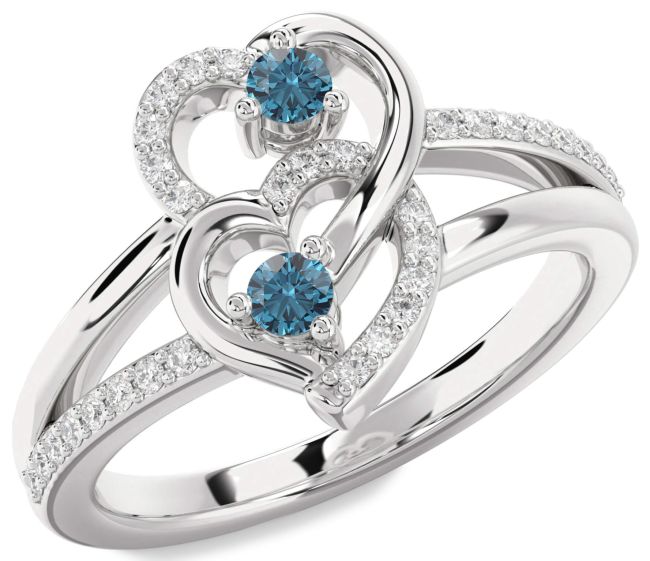 Blue Diamond Silver Heart Two Stone Ring