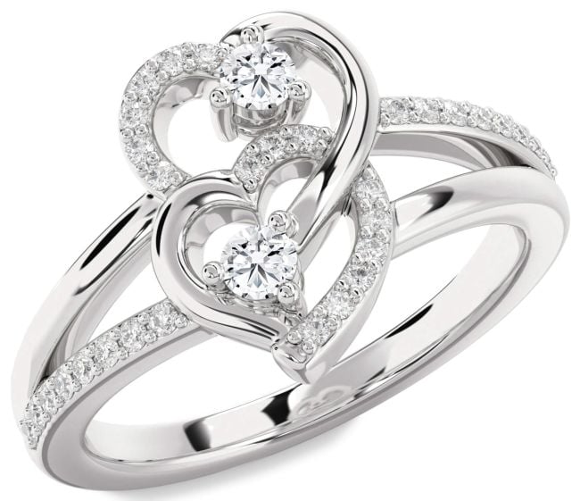 Diamond Silver Heart Two Stone Ring