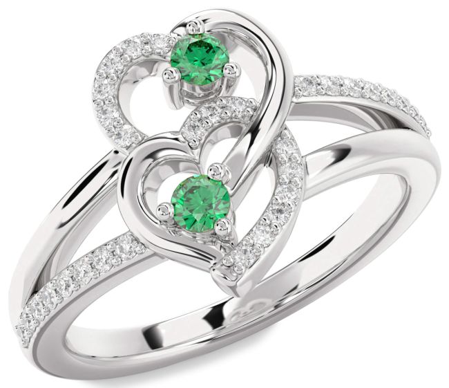Diamond Emerald Silver Heart Two Stone Birthstone Ring