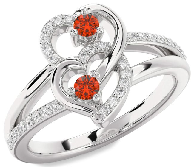 Diamond Fire Opal Silver Heart Two Stone Ring