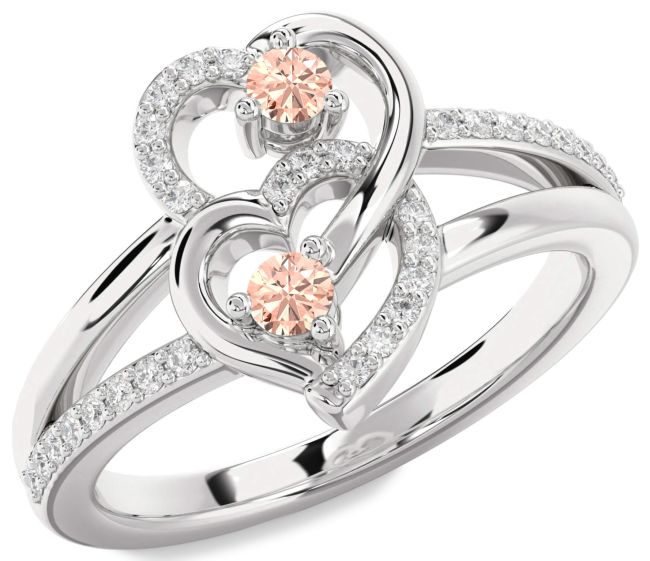 Diamond Morganite Silver Heart Two Stone Ring
