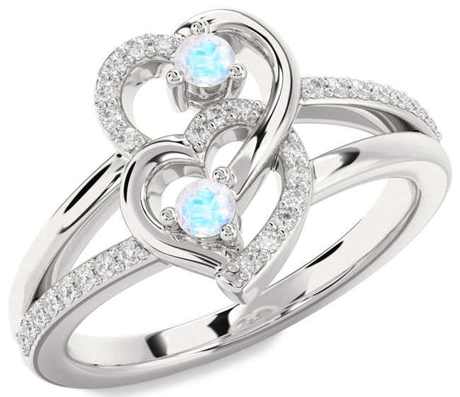 Diamond Moonstone Silver Heart Two Stone Ring