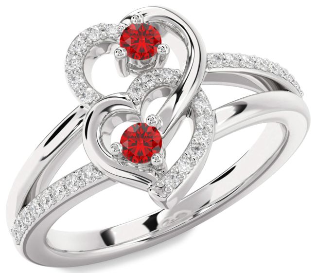 Diamond Ruby Silver Heart Two Stone Birthstone Ring