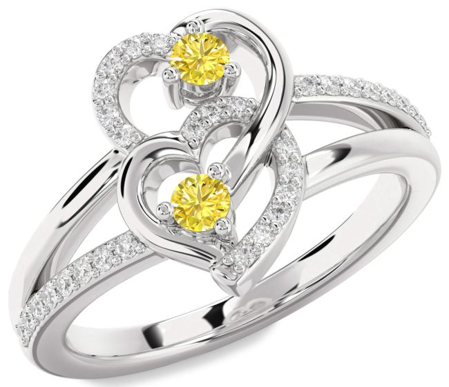 Yellow Diamond Silver Heart Two Stone Ring