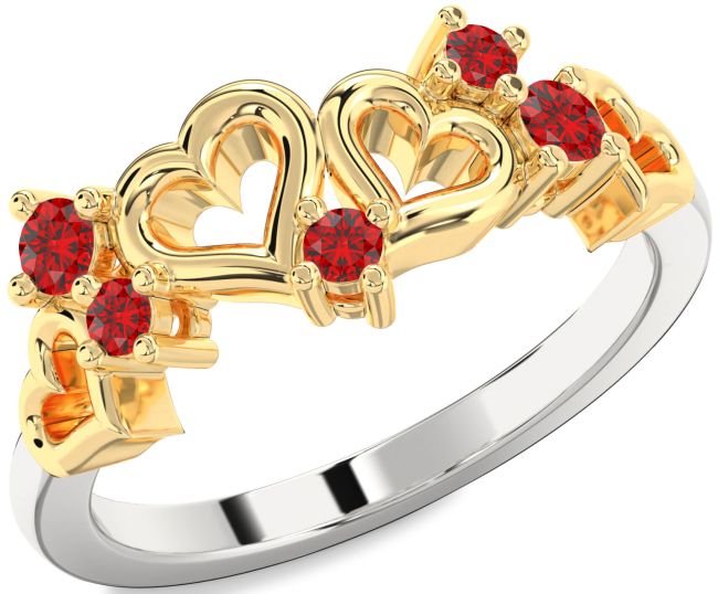 Ruby Gold Silver Heart Three Stone Birthstone Ring