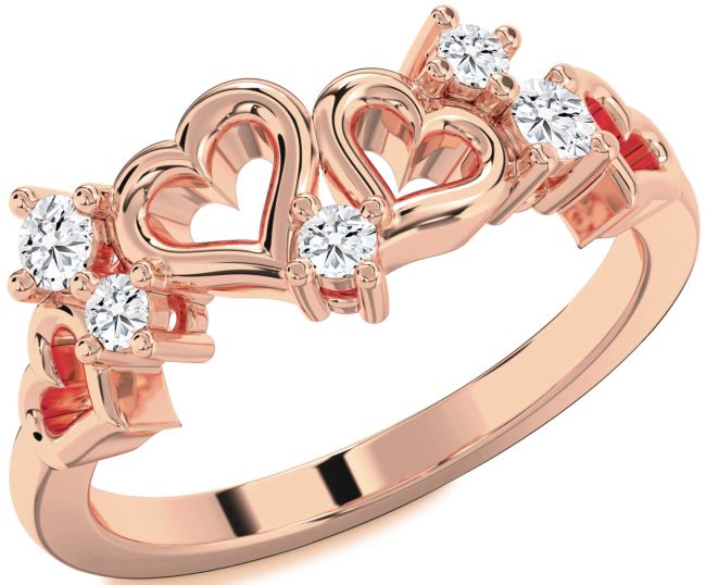 Diamond Rose Gold Silver Heart Three Stone Ring