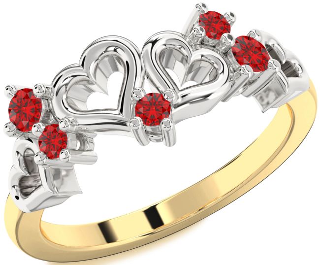Ruby Gold Silver Heart Three Stone Birthstone Ring