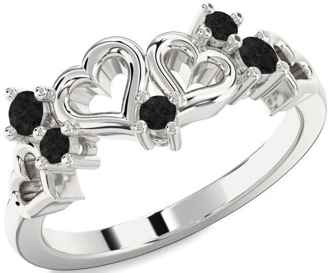 Black Diamond Silver Heart Three Stone Ring