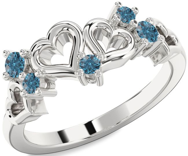 Blue Diamond Silver Heart Three Stone Ring