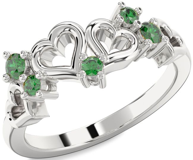 Emerald Silver Heart Three Stone Birthstone Ring