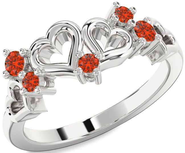 Fire Opal Silver Heart Three Stone Ring