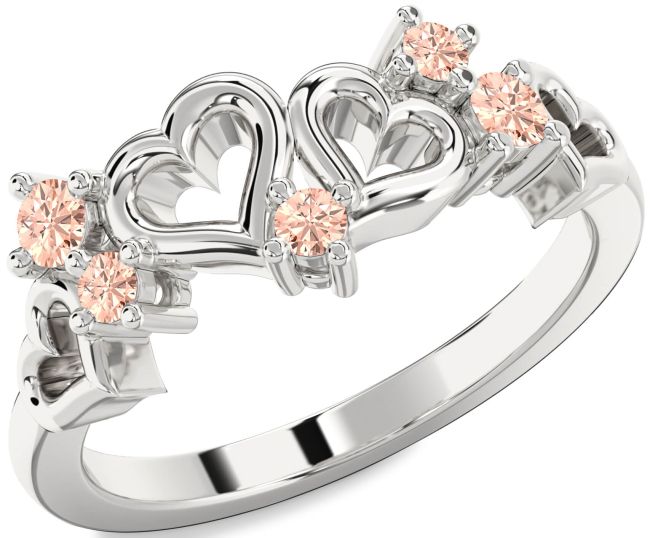 Morganite Silver Heart Three Stone Ring