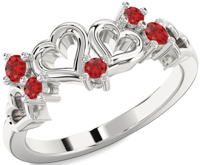 Ruby Silver Heart Three Stone Birthstone Ring