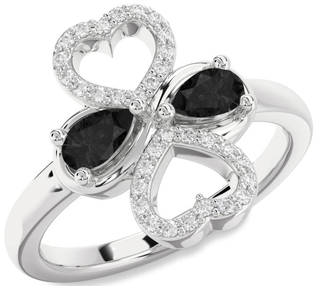 Black Diamond Silver Heart Two Stone Ring