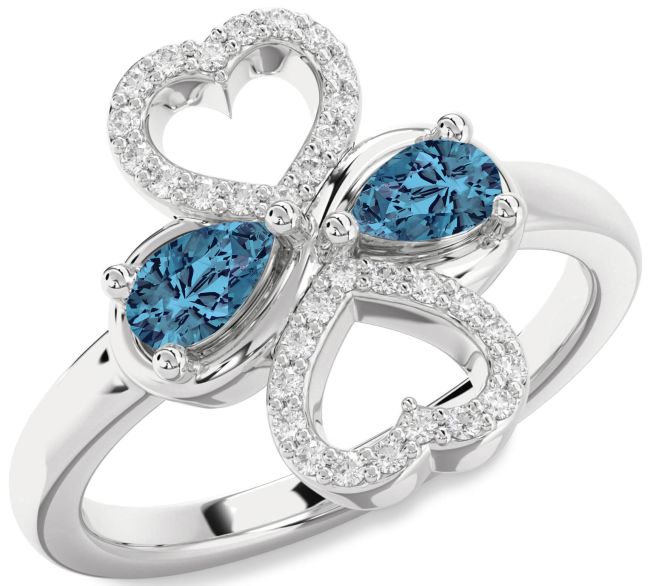 Blue Diamond Silver Heart Two Stone Ring
