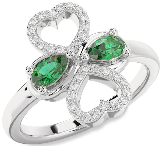 Diamond Emerald Silver Heart Two Stone Birthstone Ring