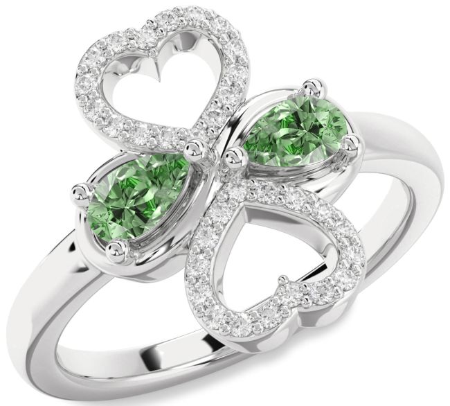 Green Diamond Silver Heart Two Stone Ring
