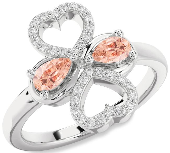 Diamond Morganite Silver Heart Two Stone Ring