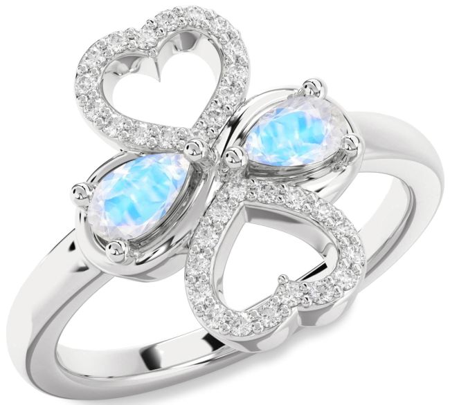 Diamond Moonstone Silver Heart Two Stone Ring