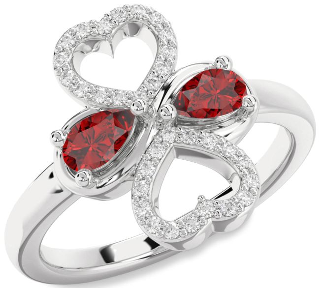 Diamond Ruby Silver Heart Two Stone Birthstone Ring