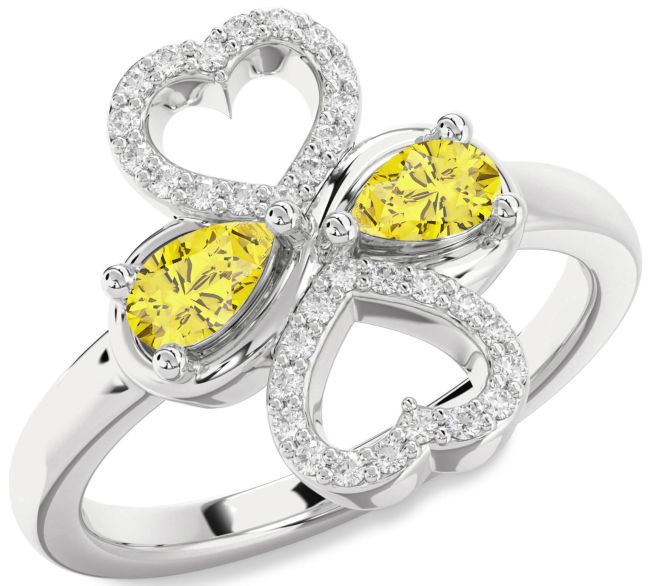 Yellow Diamond Silver Heart Two Stone Ring