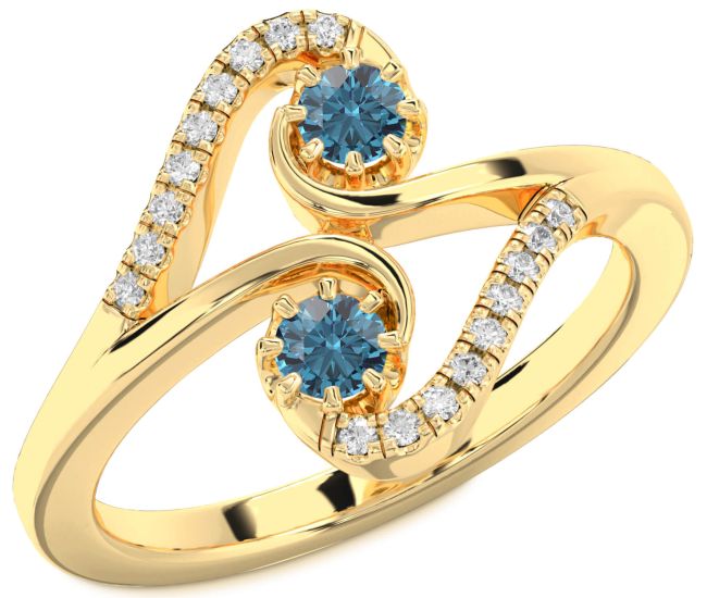 Blue Diamond Gold Silver Round Two Stone Ring