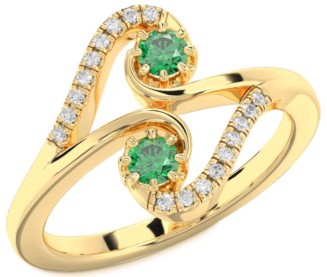 Diamond Emerald Gold Round Two Stone Birthstone Ring