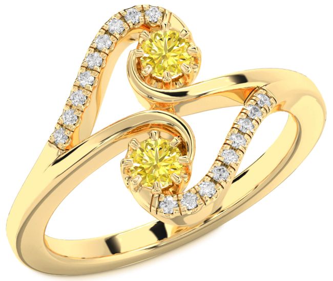 Yellow Diamond Gold Silver Round Two Stone Ring