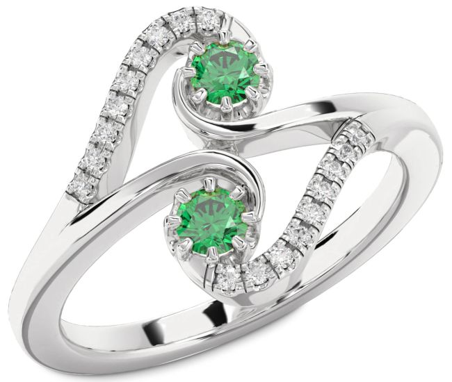 Diamond Emerald Silver Round Two Stone Birthstone Ring